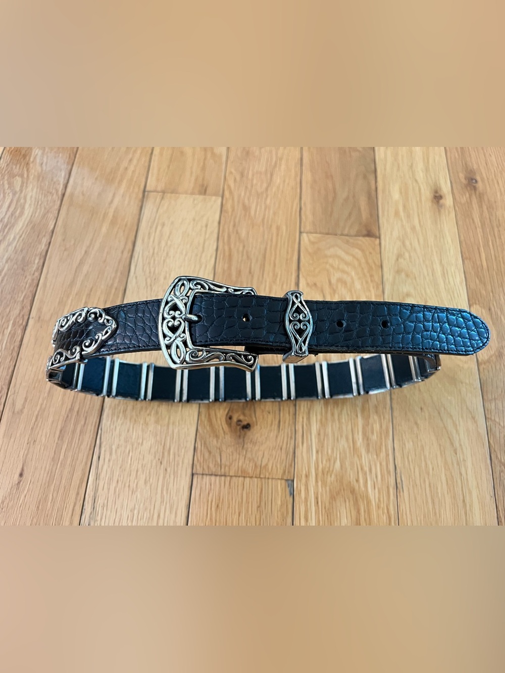 Women Vintage Brighton black Genuine Leather croc-embossed belt silver filigree